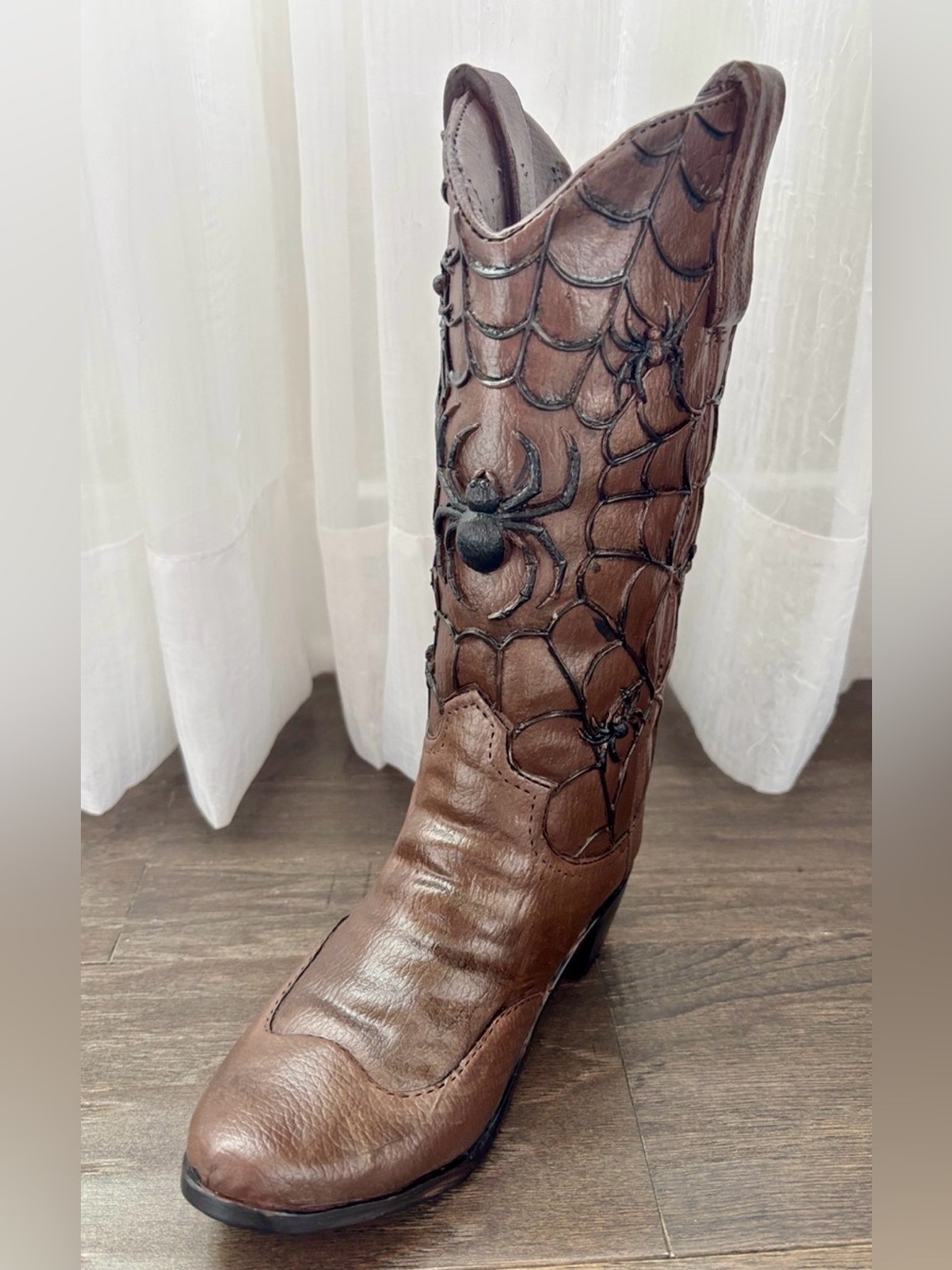 At Home Western Halloween Cowboy Boot, spiders,webs,resin,tabletop display